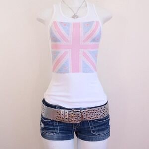 y2k floral union jack tank white ribbed coquette top